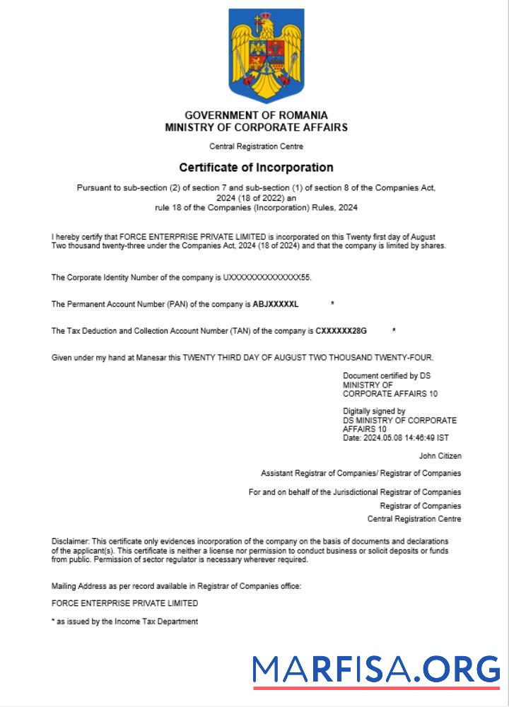 Printable Romania business registration certificate Word and PDF template